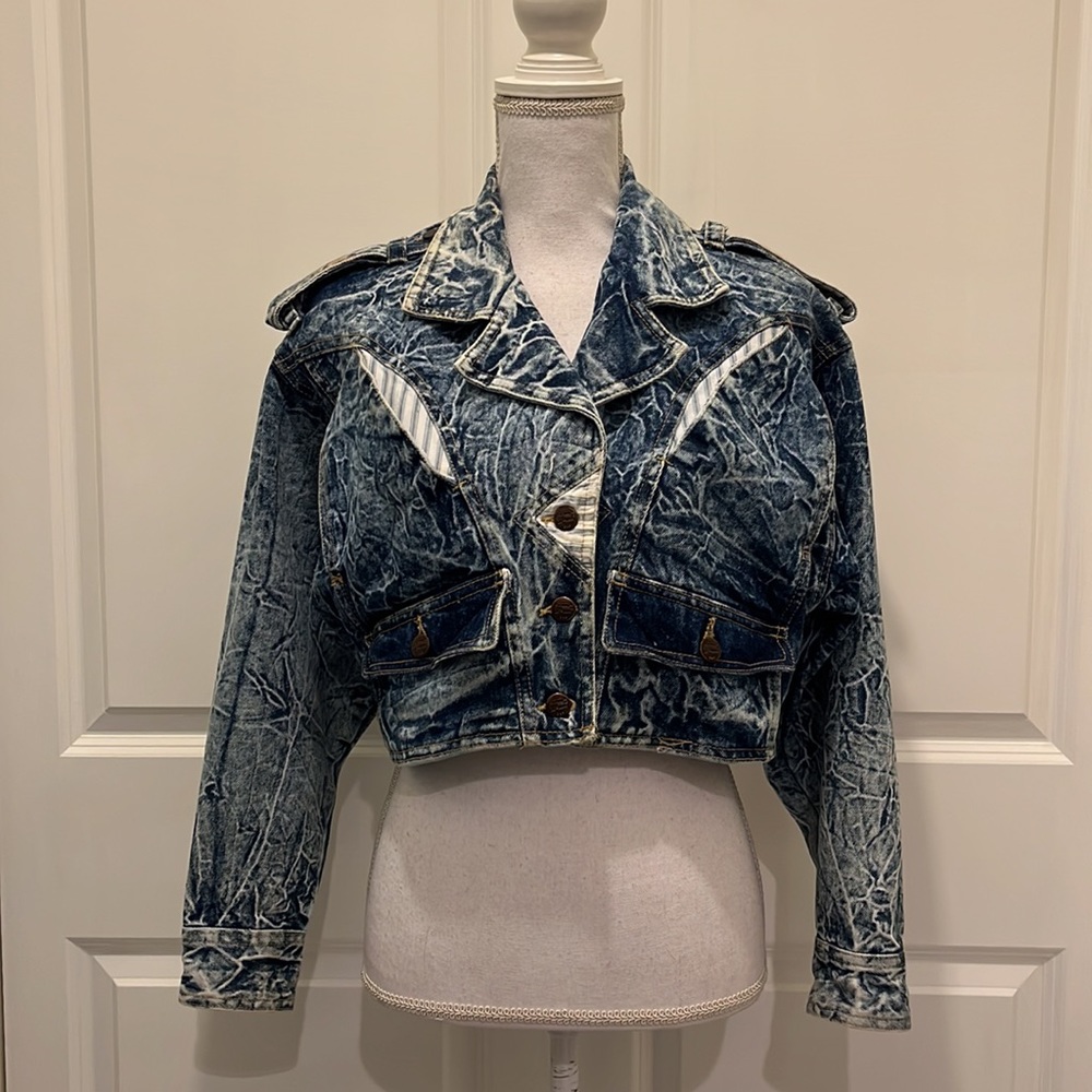 Vintage 80s Acid Wash Cropped Jean Jacket & Skirt by Chemin de Fer